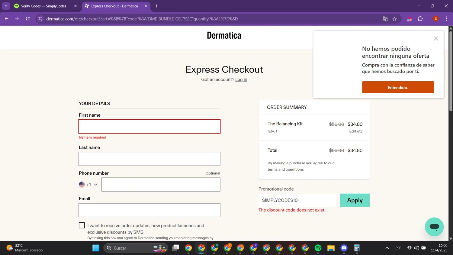 Dermatica US promo code screenshot showing code SIMPLYCODES10 applied at Dermatica US checkout page. Uploaded by SimplyCodes community member PrimeTracker2179 on Apr 11, 2025