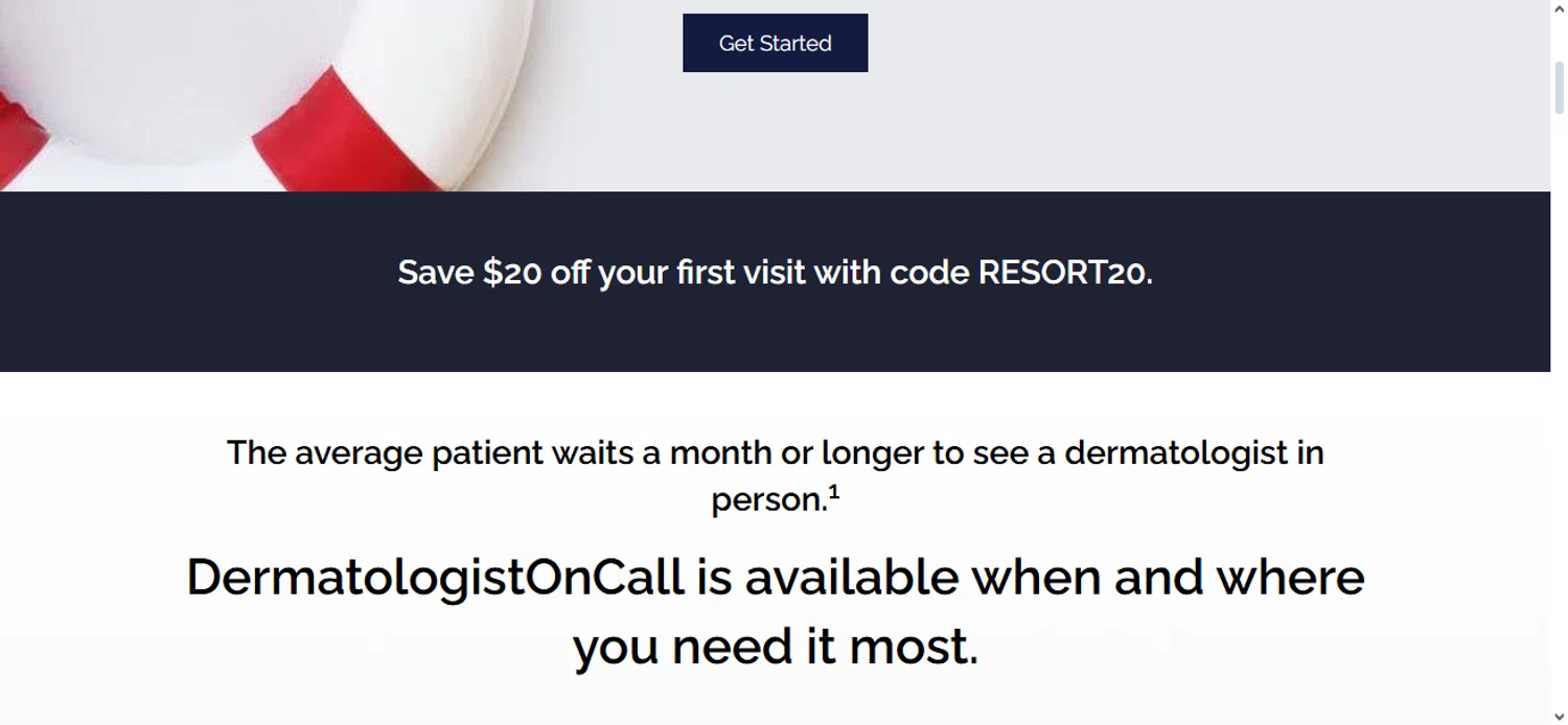 DermatologistOnCall promo code screenshot showing code RESORT20 applied at DermatologistOnCall checkout page. Uploaded by SimplyCodes community member Nubelinda on Oct 5, 2025
