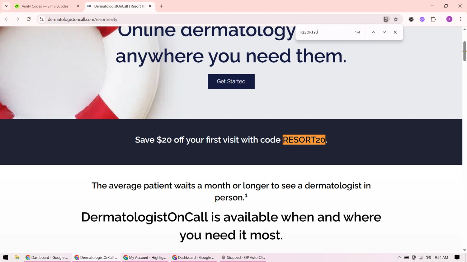 DermatologistOnCall promo code screenshot showing code RESORT20 applied at DermatologistOnCall checkout page. Uploaded by SimplyCodes community member ShrewdMaverick9198 on Sep 6, 2025