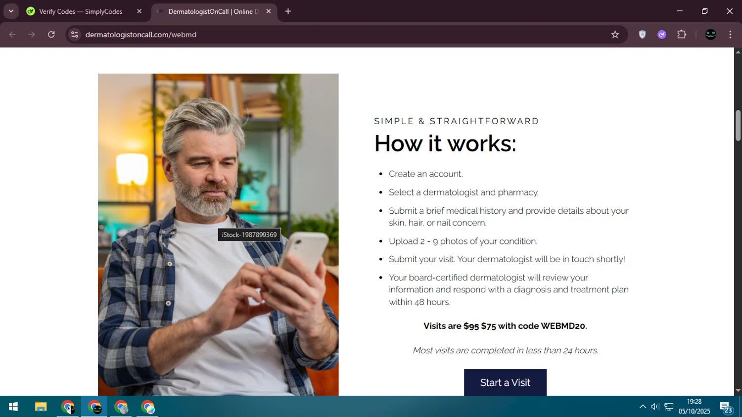 DermatologistOnCall promo code screenshot showing code WEBMD20 applied at DermatologistOnCall checkout page. Uploaded by SimplyCodes community member BargainWizard5755 on Oct 5, 2025