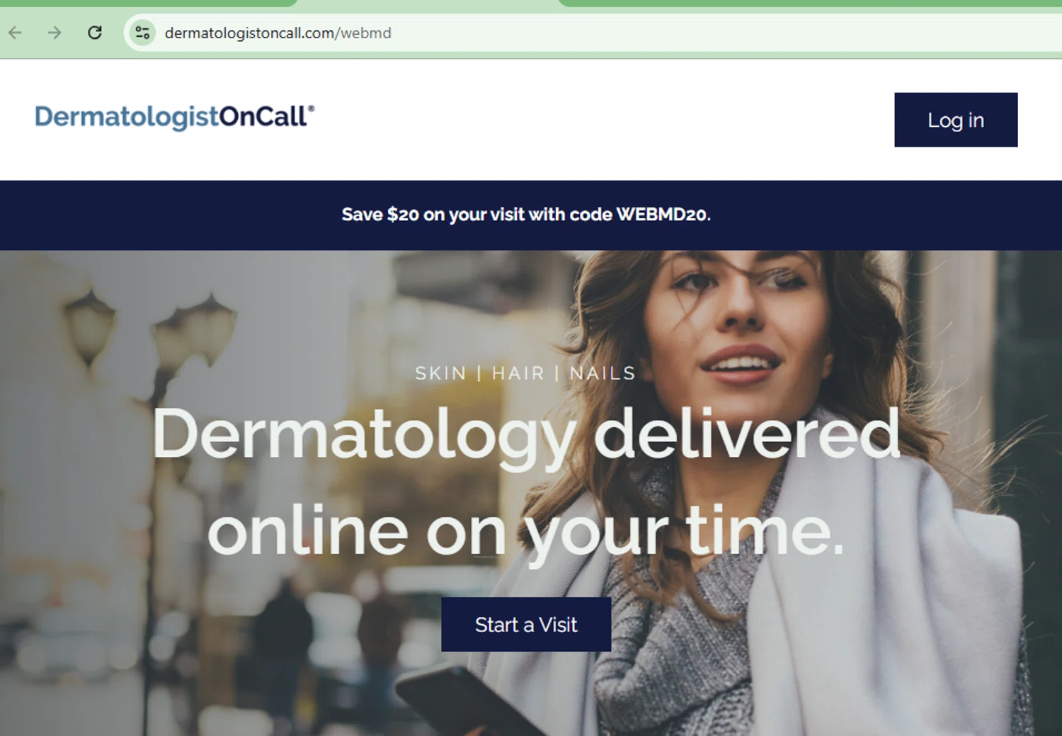 DermatologistOnCall promo code screenshot showing code WEBMD20 applied at DermatologistOnCall checkout page. Uploaded by SimplyCodes community member CoinOwl9375 on Nov 3, 2025
