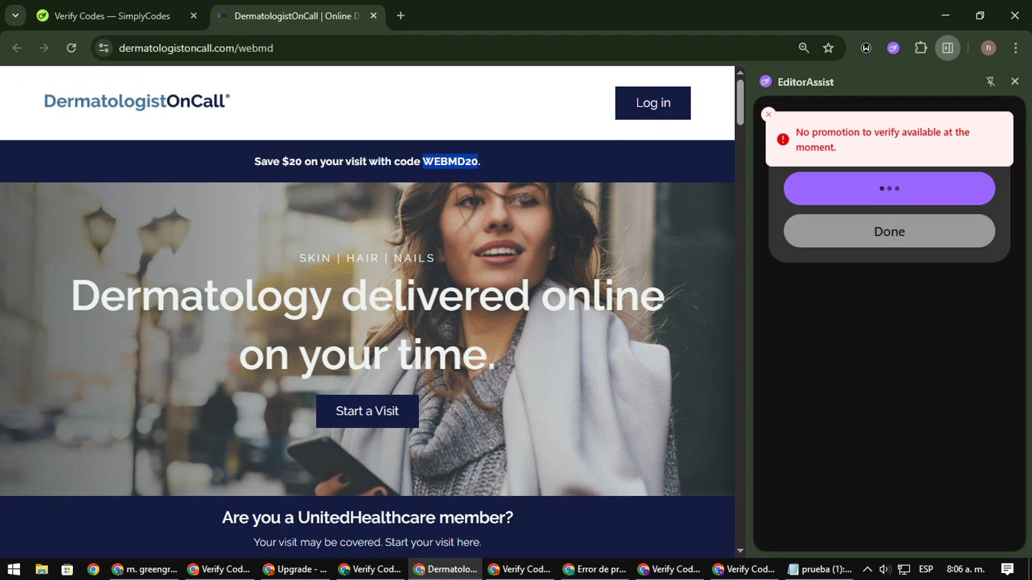 DermatologistOnCall promo code screenshot showing code WEBMD20 applied at DermatologistOnCall checkout page. Uploaded by SimplyCodes community member SmartWarden8713 on Dec 2, 2025