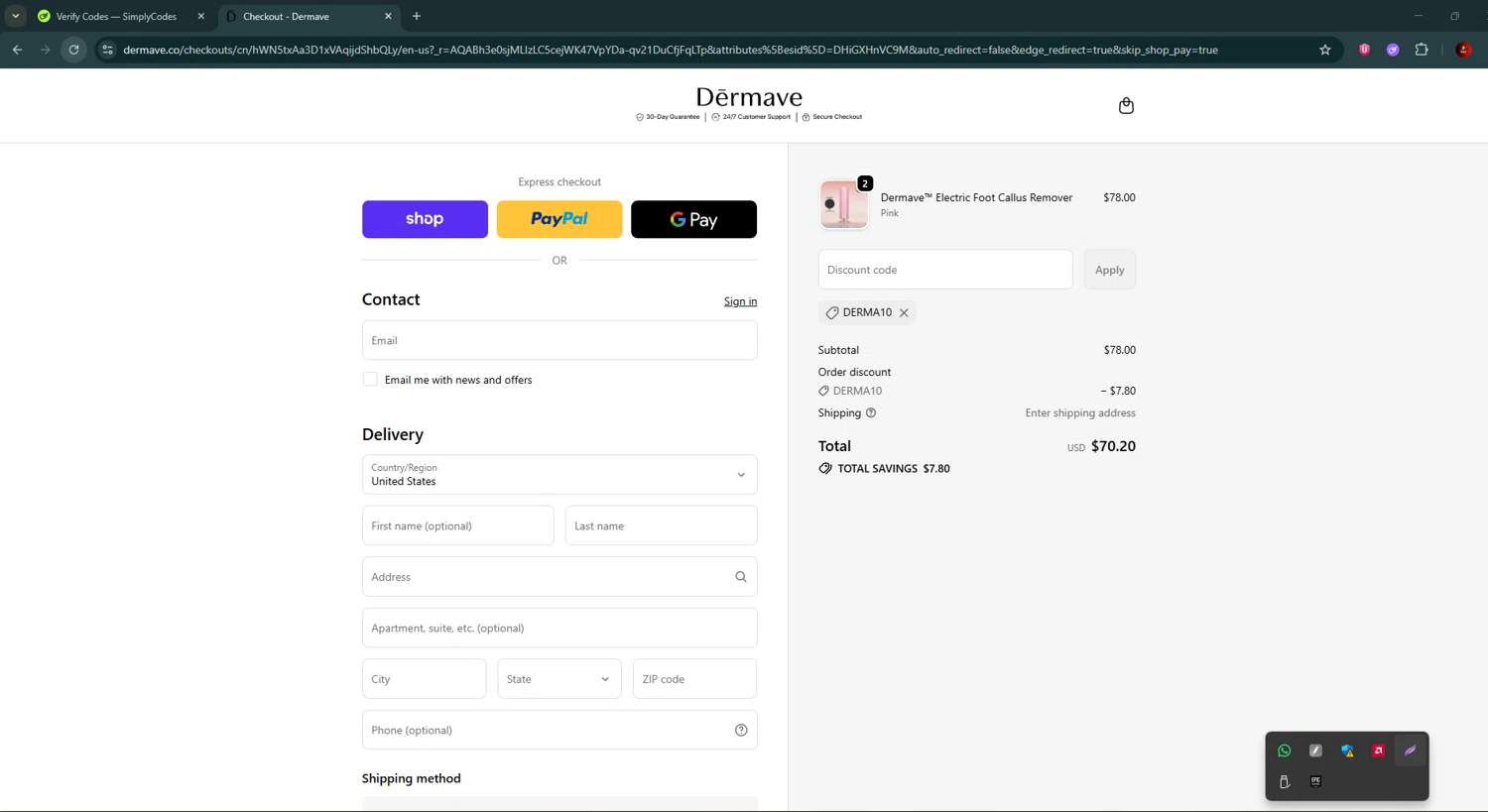 Dermave coupon code screenshot showing code DERMA10 applied at Dermave checkout page. Uploaded by SimplyCodes community member BrilliantSaver7516 on Nov 30, 2025