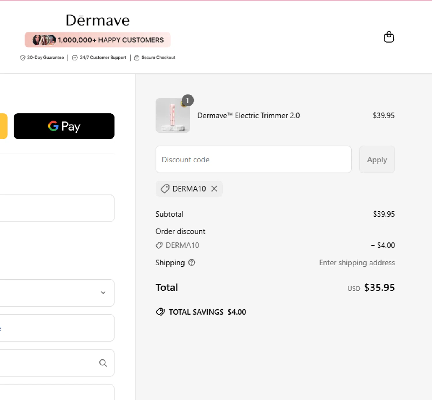 Dermave coupon code screenshot showing code DERMA10 applied at Dermave checkout page. Uploaded by SimplyCodes community member aumentadax10 on May 16, 2025