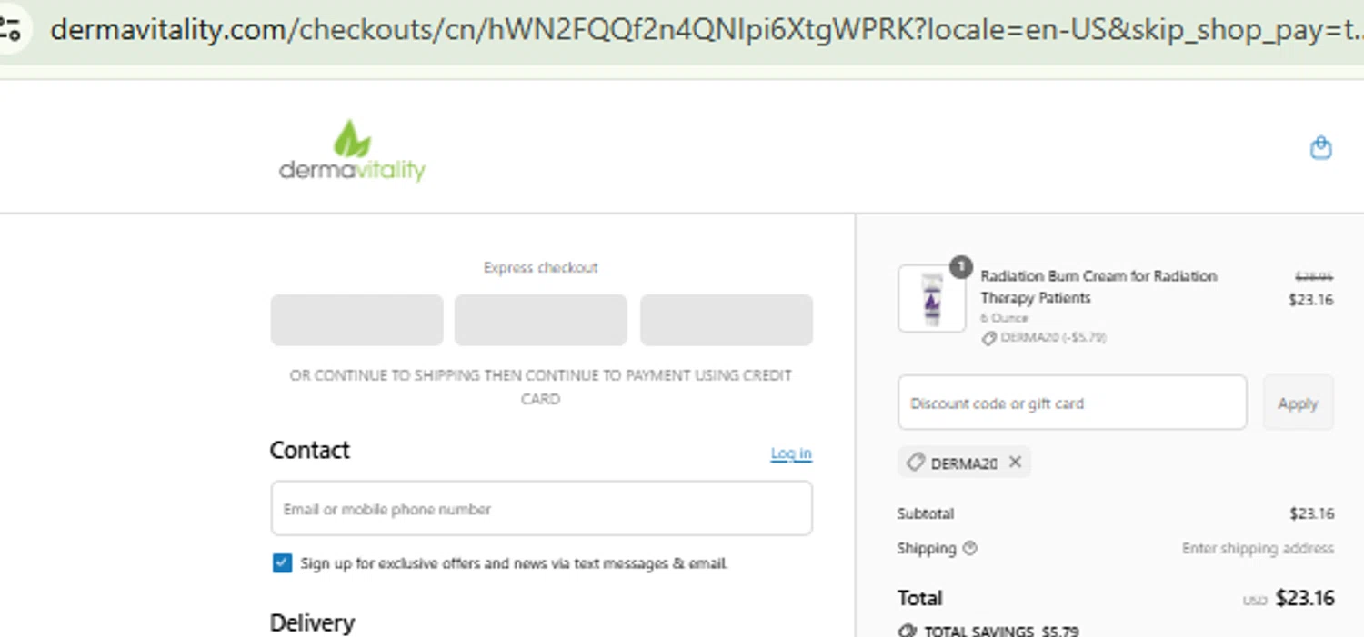 Dermavitality promo code screenshot showing code DERMA20 applied at Dermavitality checkout page. Uploaded by SimplyCodes community member CashMaestro9337 on Aug 26, 2025