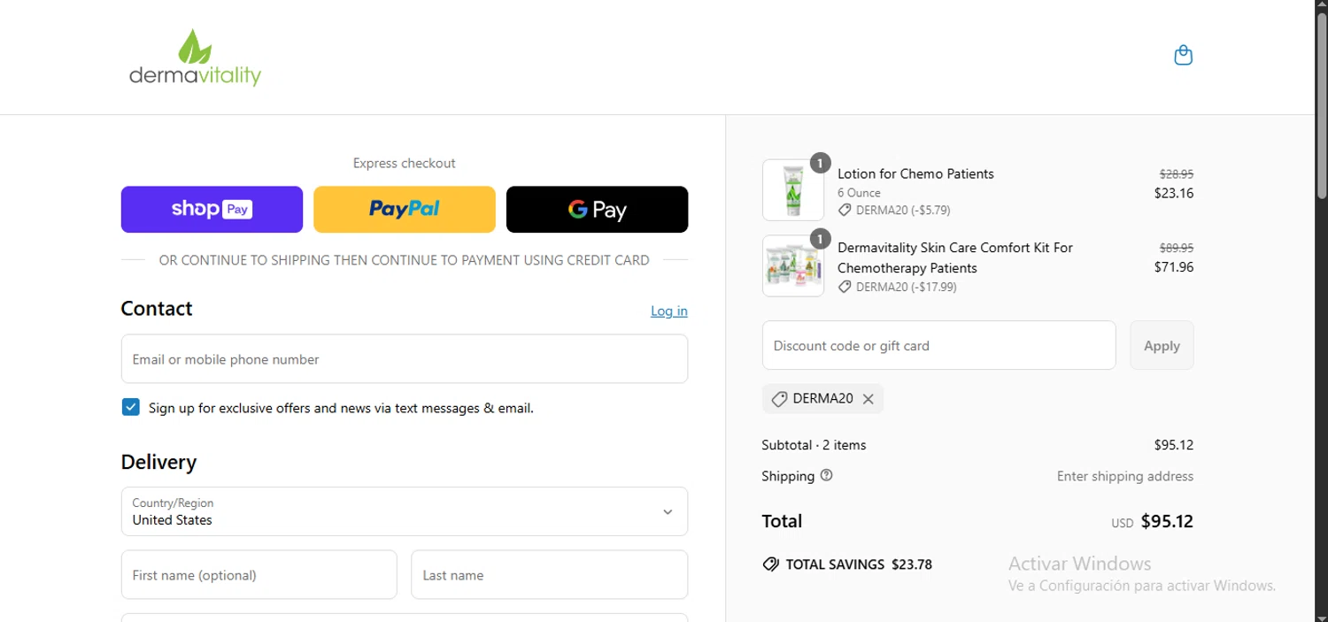 Dermavitality promo code screenshot showing code DERMA20 applied at Dermavitality checkout page. Uploaded by SimplyCodes community member SwiftCurator5517 on Apr 18, 2025