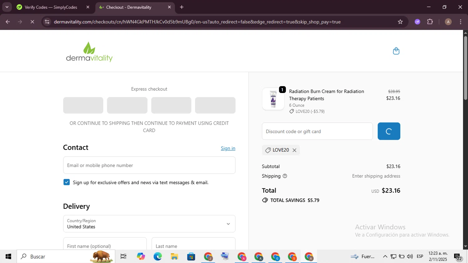 Dermavitality promo code screenshot showing code Love20 applied at Dermavitality checkout page. Uploaded by SimplyCodes community member BargainGenius8397 on Nov 2, 2025