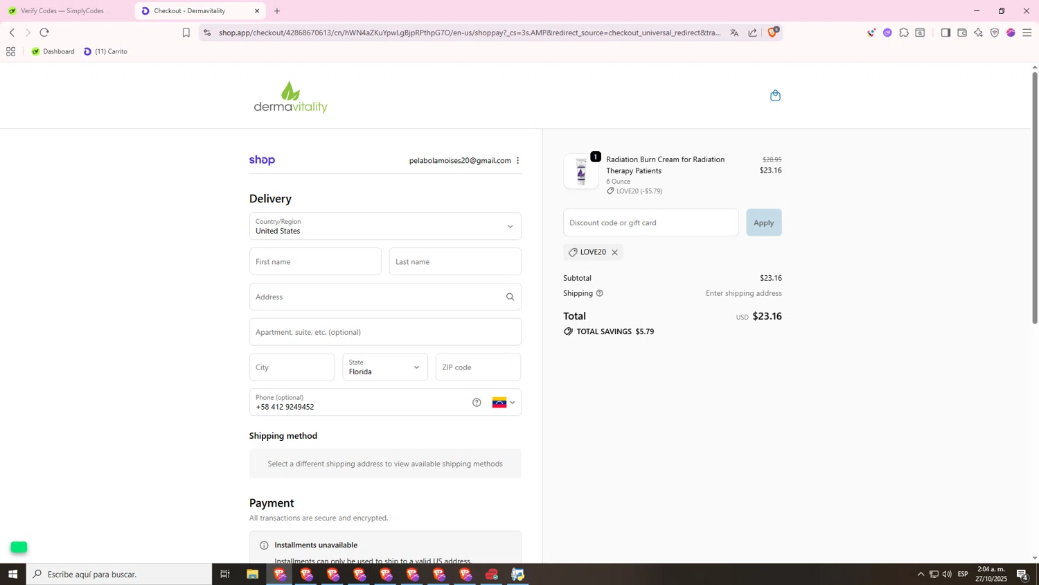 Dermavitality promo code screenshot showing code Love20 applied at Dermavitality checkout page. Uploaded by SimplyCodes community member MRSATAN on Oct 27, 2025