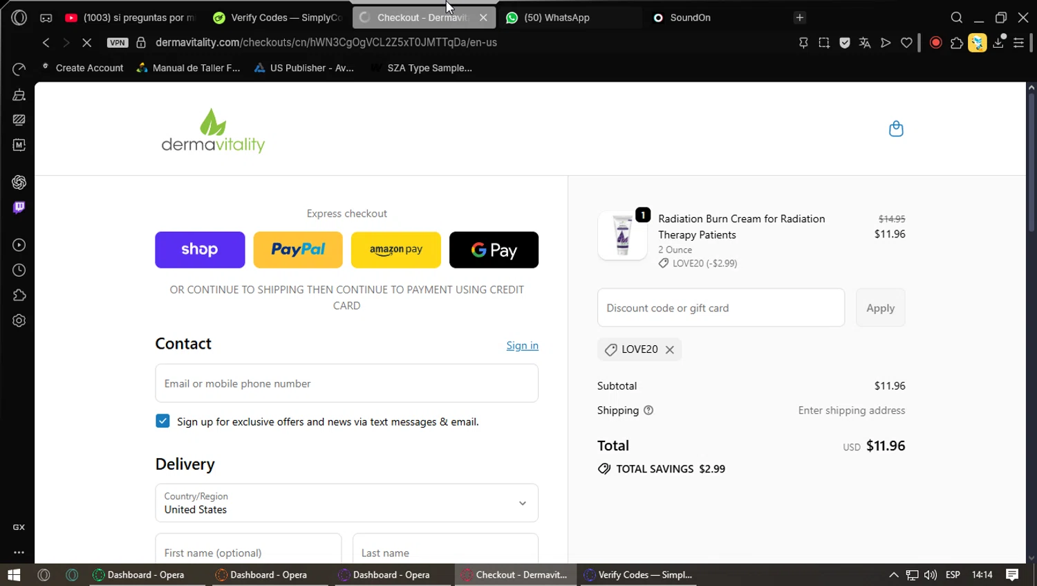 Dermavitality promo code screenshot showing code Love20 applied at Dermavitality checkout page. Uploaded by SimplyCodes community member Saoul_ on Sep 20, 2025