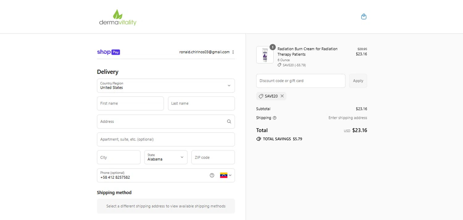 Dermavitality promo code screenshot showing code Save20 applied at Dermavitality checkout page. Uploaded by SimplyCodes community member davisams on Jul 27, 2025