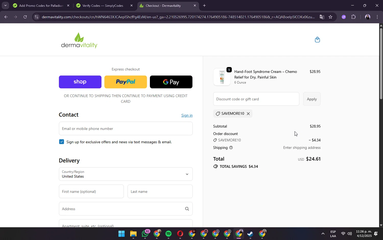 Dermavitality promo code screenshot showing code SAVEMORE10 applied at Dermavitality checkout page. Uploaded by SimplyCodes community member VictoriousVirtuoso8516 on Dec 5, 2025