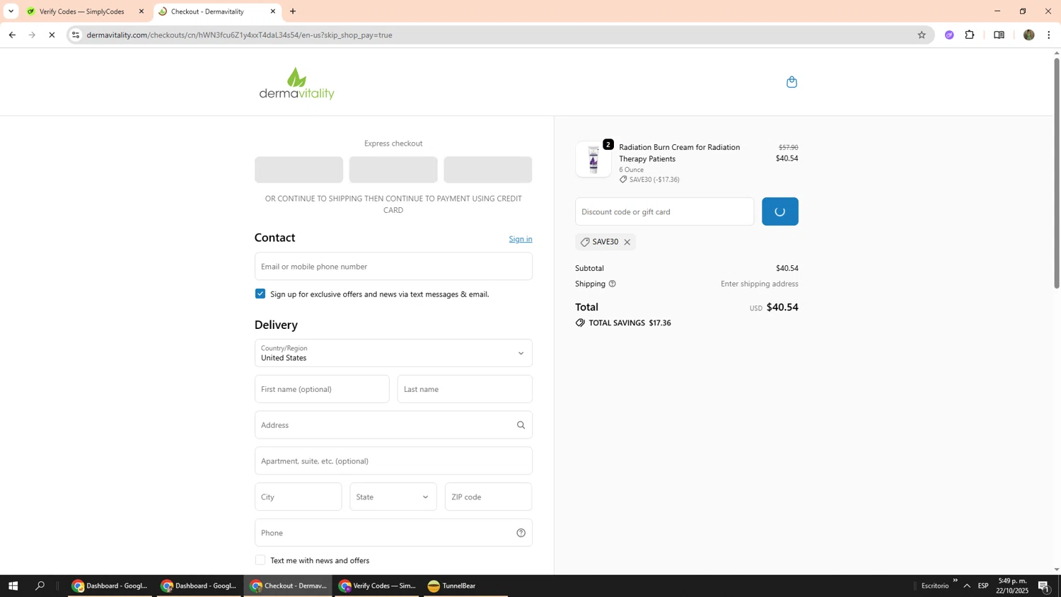 Dermavitality promo code screenshot showing code SAVE30 applied at Dermavitality checkout page. Uploaded by SimplyCodes community member Phoenix585 on Oct 22, 2025