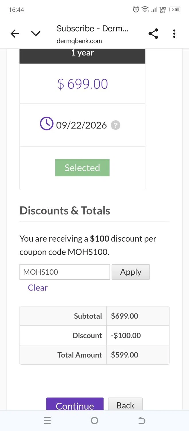 DermQBank discount code screenshot showing code MOHS100 applied at DermQBank checkout page. Uploaded by SimplyCodes community member 502312 on Sep 23, 2025