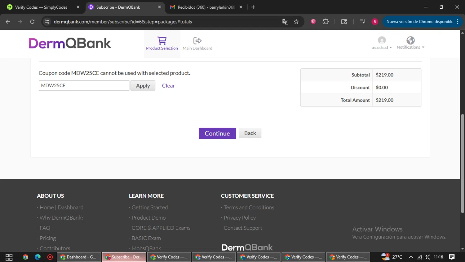 DermQBank checkout page showing DermQBank discount code box | Screenshot taken by SimplyCodes community member on Jun 28, 2025