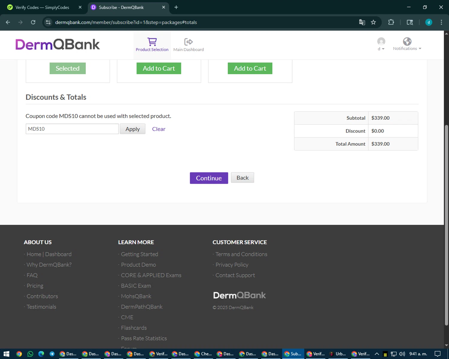 DermQBank discount code screenshot showing code MDS10 applied at DermQBank checkout page. Uploaded by SimplyCodes community member CodeMaverick5767 on Aug 15, 2025