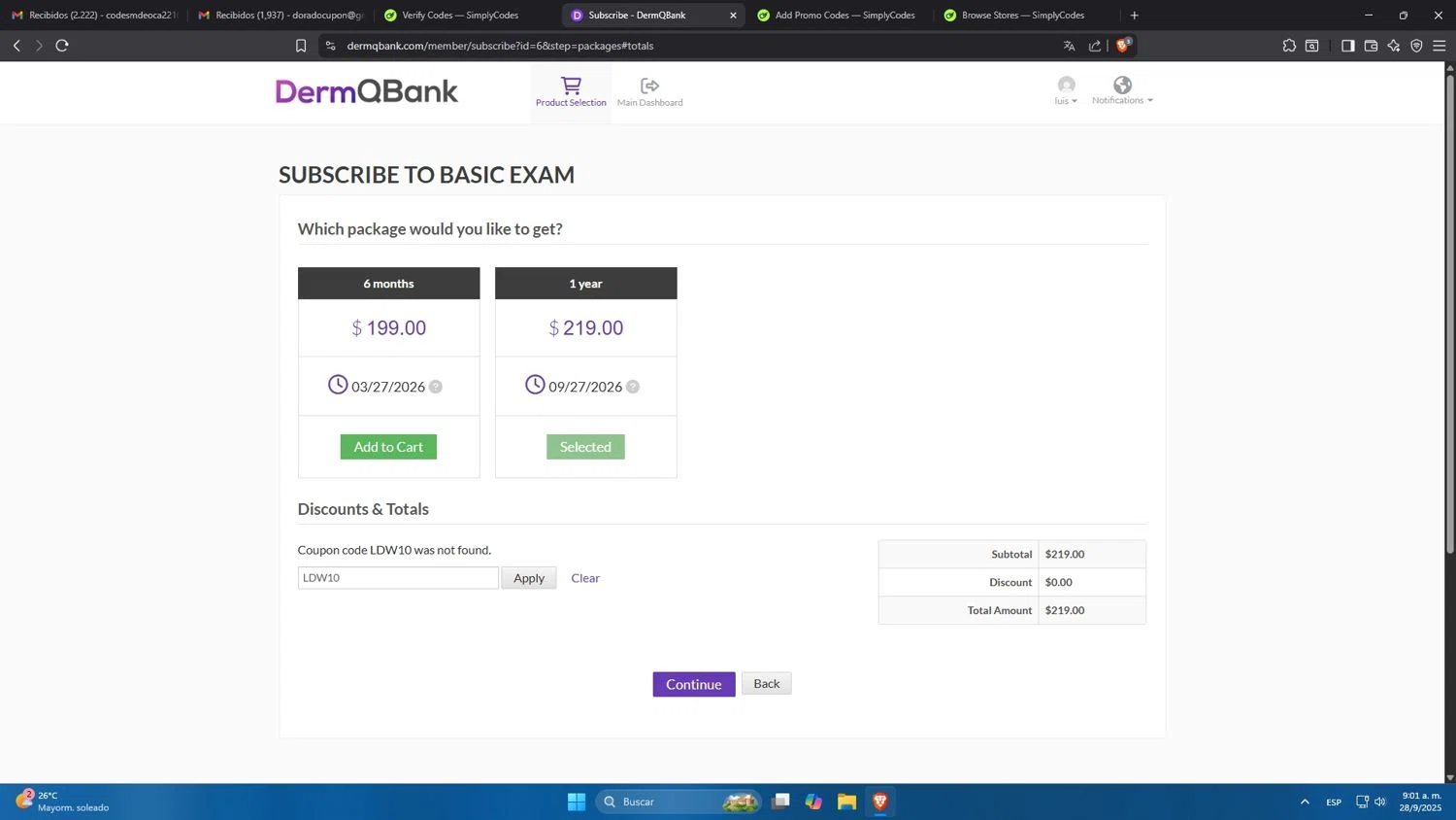DermQBank discount code screenshot showing code LDW10 applied at DermQBank checkout page. Uploaded by SimplyCodes community member Mdeoca on Sep 28, 2025