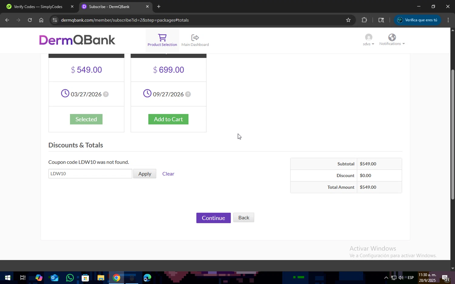 DermQBank discount code screenshot showing code LDW10 applied at DermQBank checkout page. Uploaded by SimplyCodes community member SOPACONPAN on Sep 28, 2025