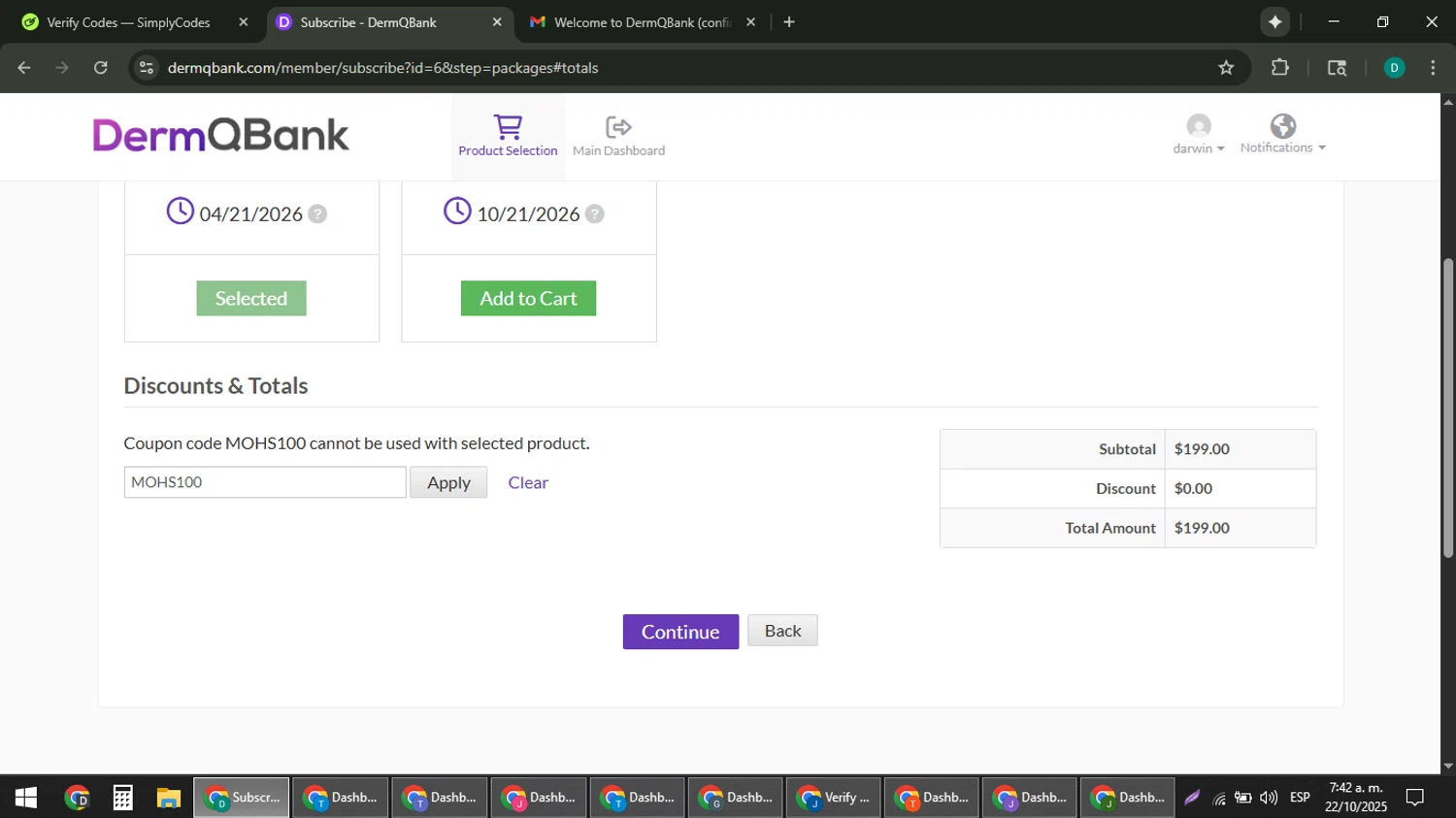 DermQBank discount code screenshot showing code MOHS100 applied at DermQBank checkout page. Uploaded by SimplyCodes community member ThriftyLion6776 on Oct 22, 2025