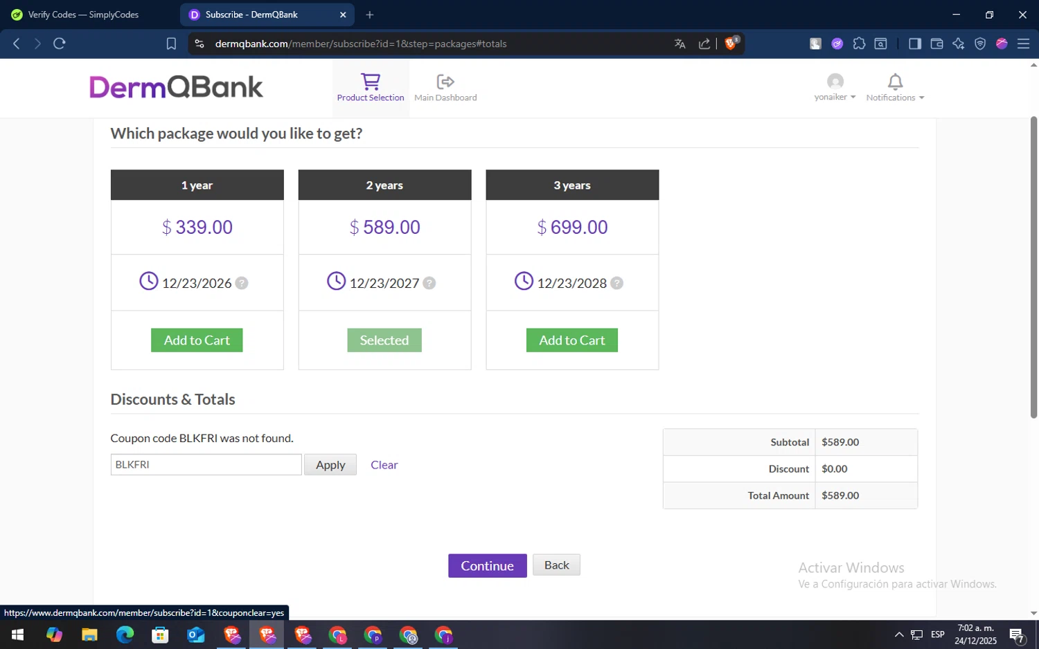 DermQBank discount code screenshot showing code BLKFRI applied at DermQBank checkout page. Uploaded by SimplyCodes community member TokenSaver1205 on Dec 24, 2025