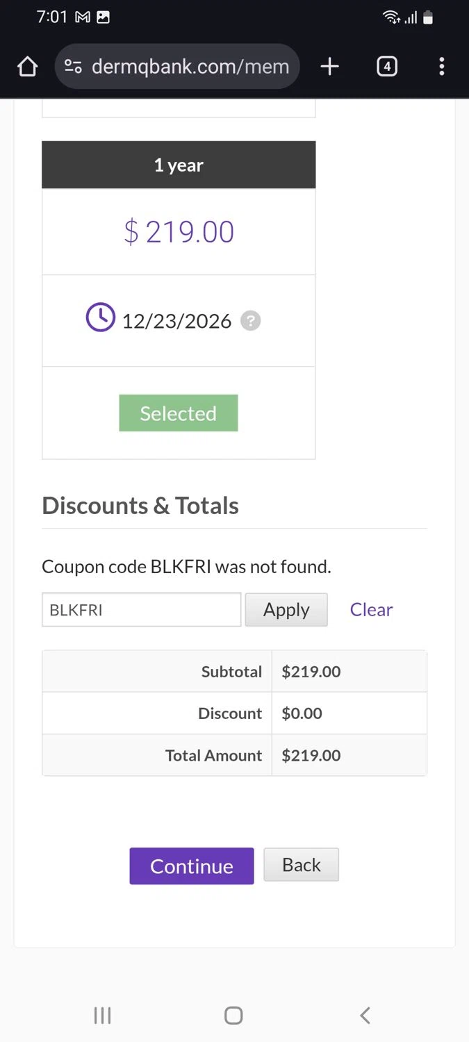 DermQBank discount code screenshot showing code BLKFRI applied at DermQBank checkout page. Uploaded by SimplyCodes community member tulioriera on Dec 24, 2025