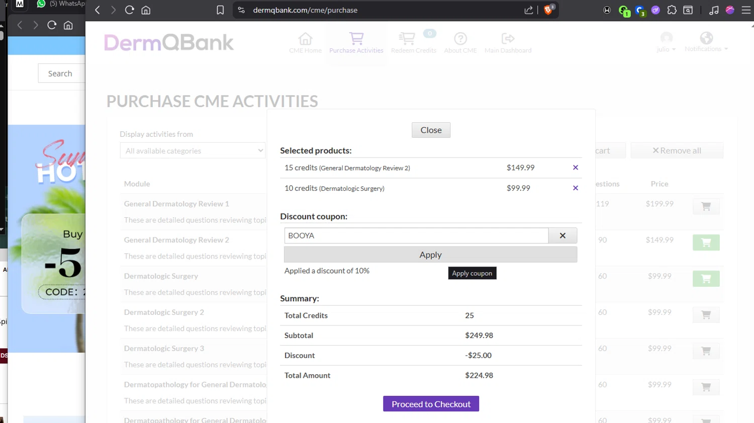 DermQBank discount code screenshot showing code BOOYA applied at DermQBank checkout page. Uploaded by SimplyCodes community member Jmhernand1 on Oct 21, 2025
