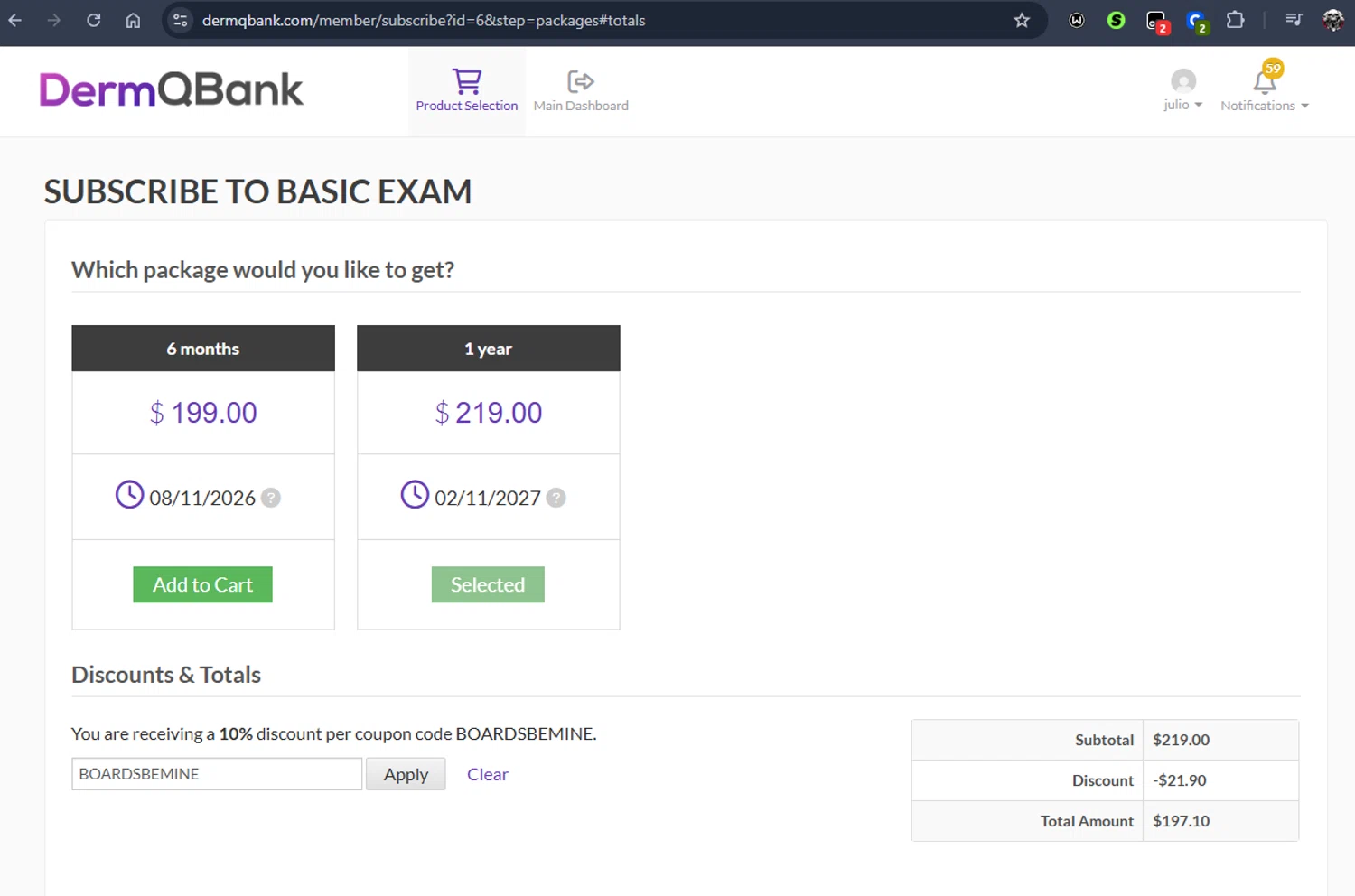 DermQBank promo code screenshot showing code BOARDSBEMINE applied at DermQBank checkout page. Uploaded by SimplyCodes community member Jmhernand1 on Feb 12, 2026