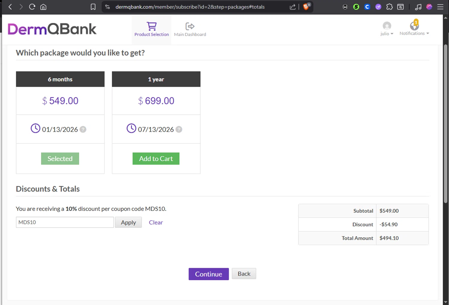 DermQBank discount code screenshot showing code MDS10 applied at DermQBank checkout page. Uploaded by SimplyCodes community member Jmhernand1 on Jul 14, 2025
