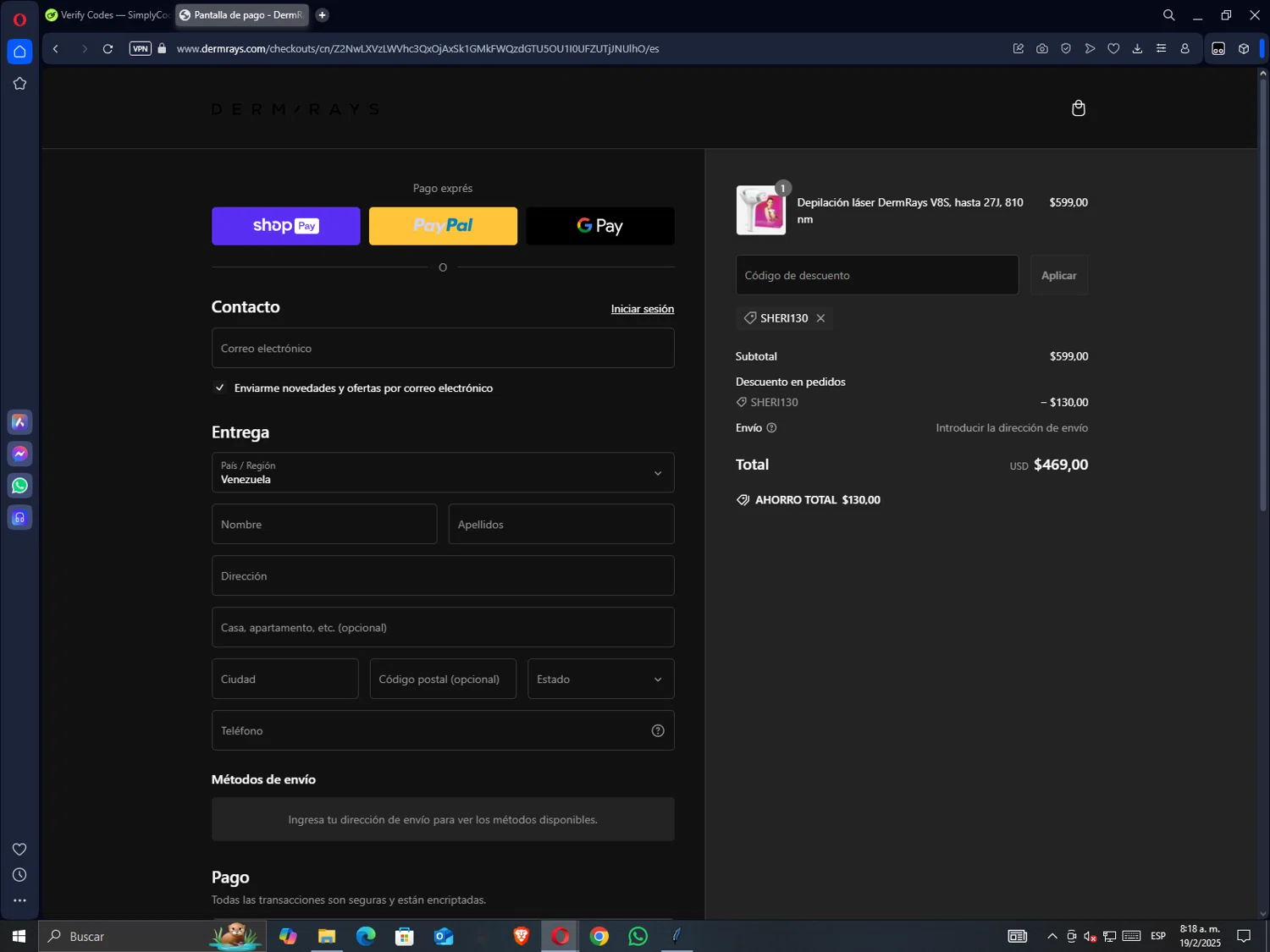 DermRays discount code screenshot showing code SHERI130 applied at DermRays checkout page. Uploaded by SimplyCodes community member GrimmKing on Feb 19, 2025