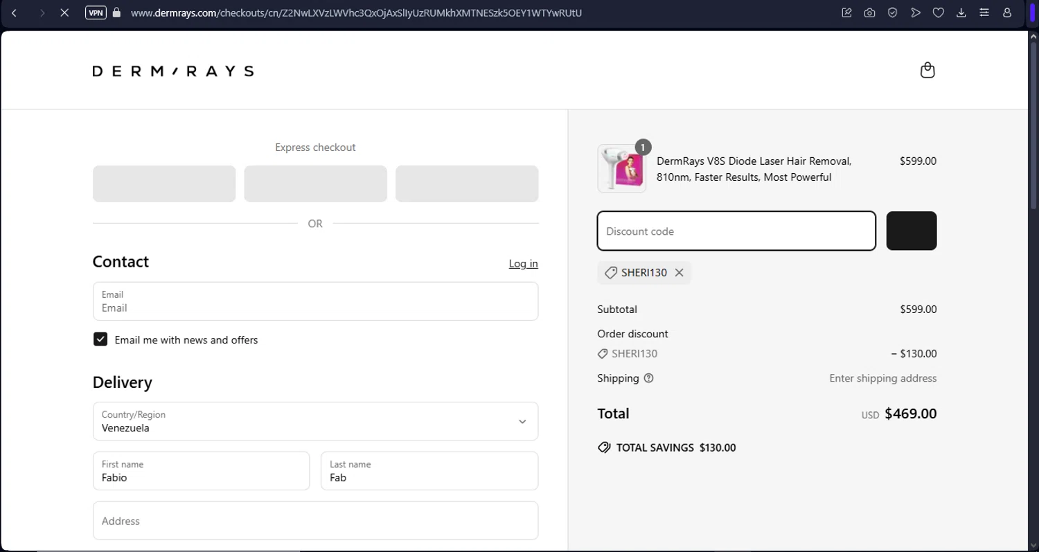 DermRays discount code screenshot showing code SHERI130 applied at DermRays checkout page. Uploaded by SimplyCodes community member FrugalFox6593 on Apr 5, 2025