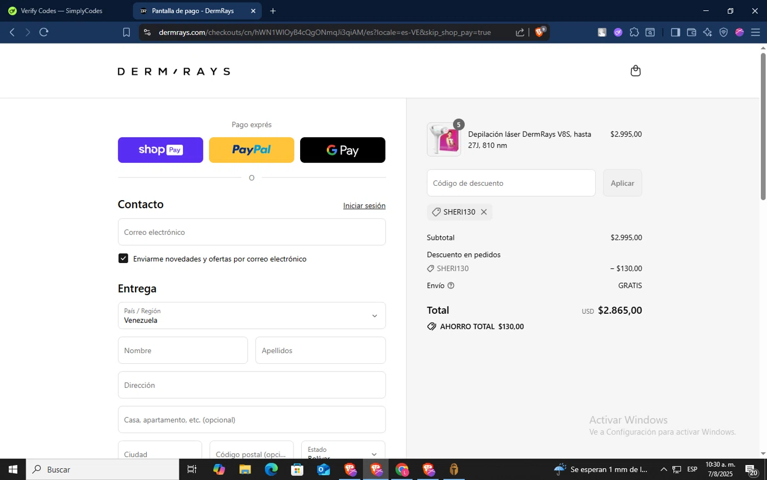 DermRays discount code screenshot showing code SHERI130 applied at DermRays checkout page. Uploaded by SimplyCodes community member TokenSaver1205 on Aug 7, 2025