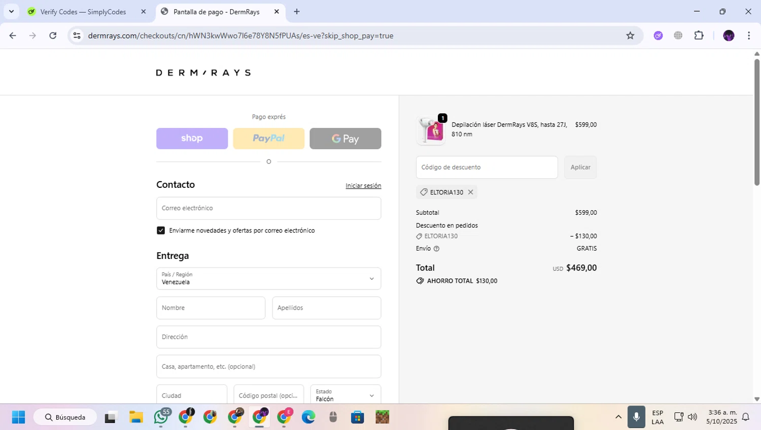 DermRays discount code screenshot showing code ELTORIA130 applied at DermRays checkout page. Uploaded by SimplyCodes community member GloriousGuardian9063 on Oct 5, 2025