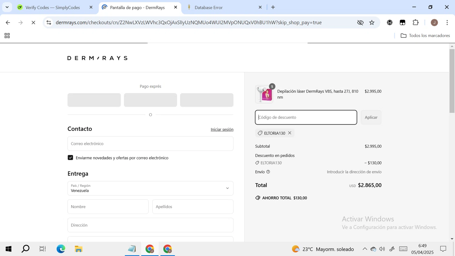 DermRays discount code screenshot showing code ELTORIA130 applied at DermRays checkout page. Uploaded by SimplyCodes community member RoyalAdmiral4824 on Apr 5, 2025