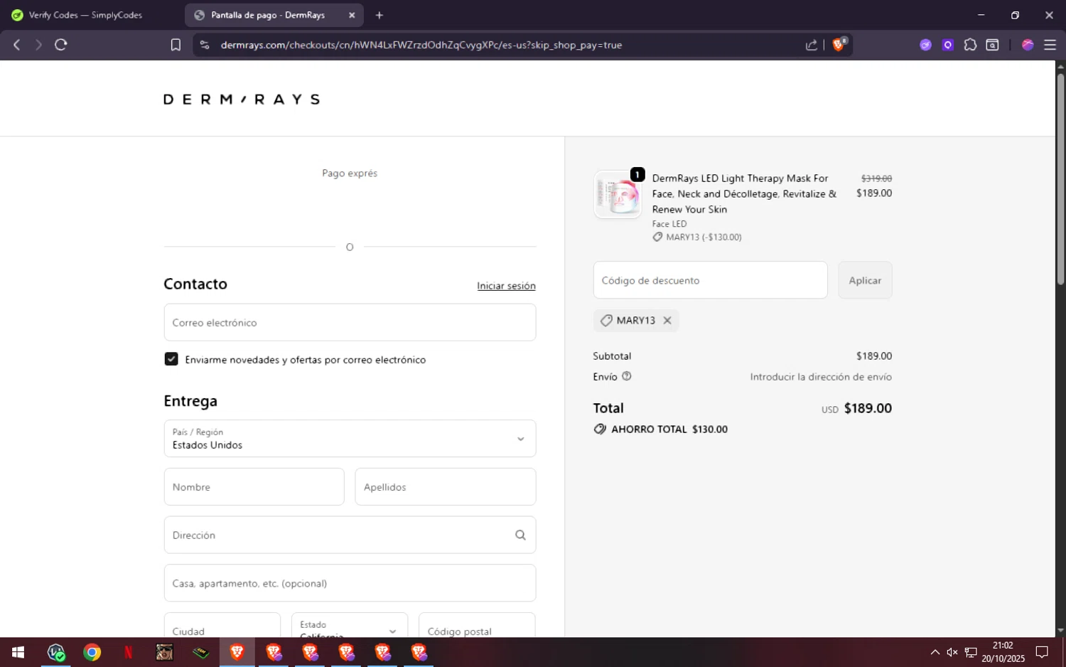 DermRays discount code screenshot showing code Mary13 applied at DermRays checkout page. Uploaded by SimplyCodes community member batmann_28 on Oct 21, 2025