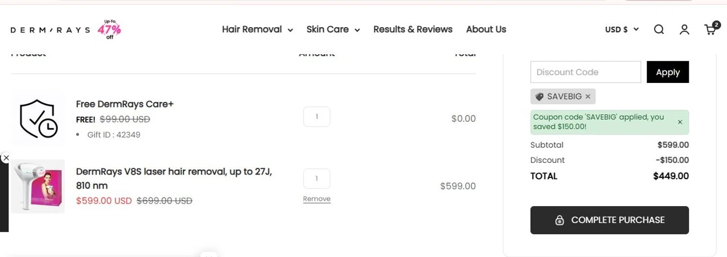 DermRays discount code screenshot showing code savebig applied at DermRays checkout page. Uploaded by SimplyCodes community member MoneyFalcon5538 on Nov 22, 2025