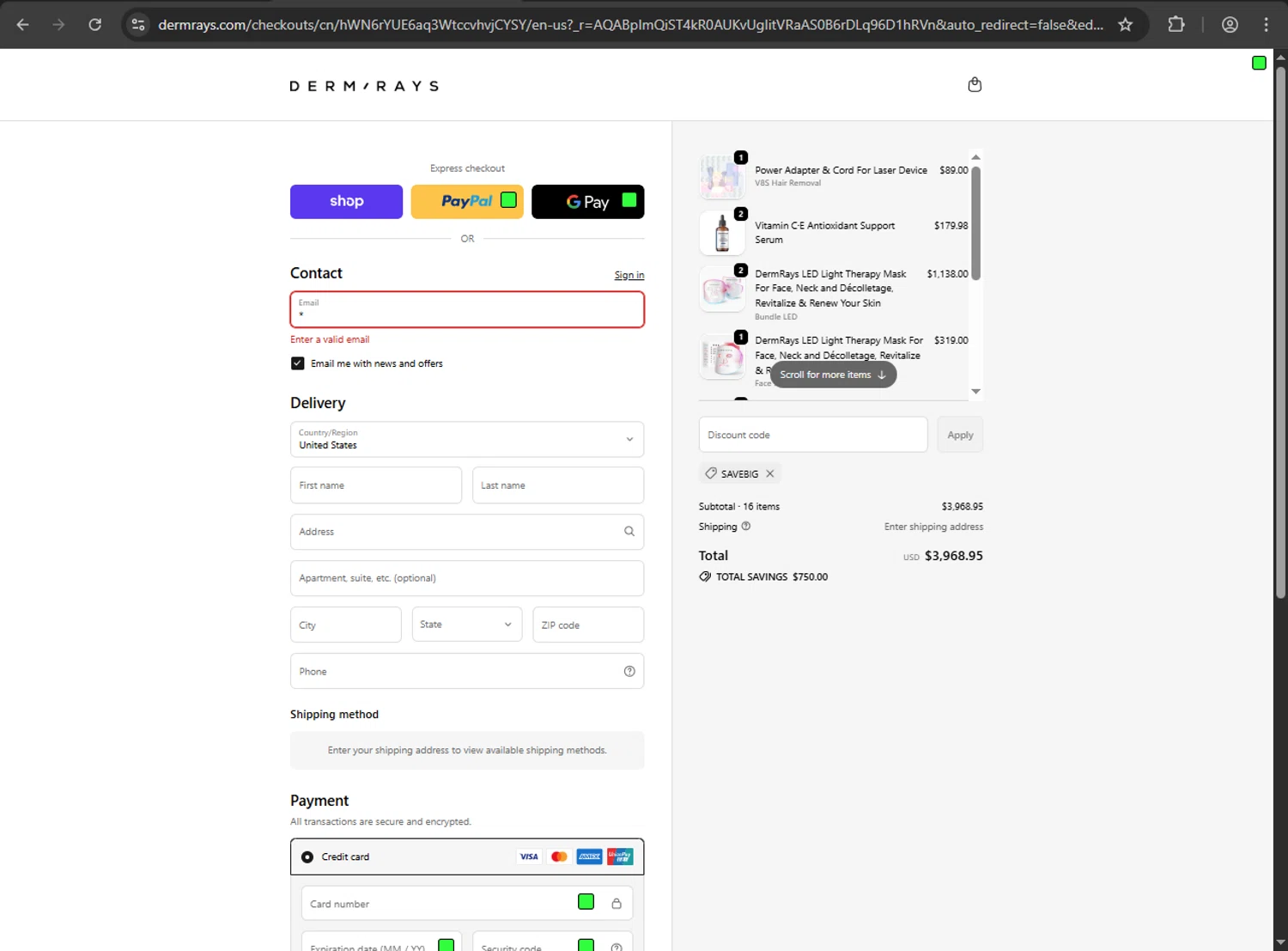 DermRays discount code screenshot showing code savebig applied at DermRays checkout page. Uploaded by SimplyCodes community member QuestScholar1789 on Dec 26, 2025