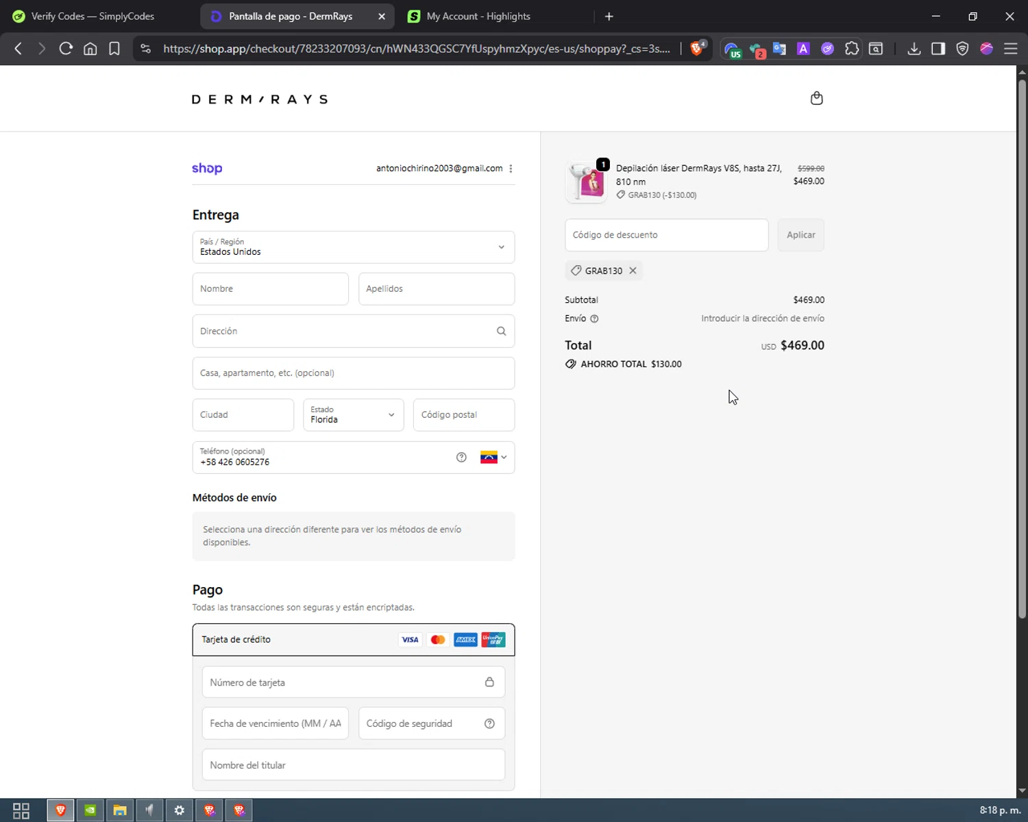 DermRays discount code screenshot showing code GRAB130 applied at DermRays checkout page. Uploaded by SimplyCodes community member Heibk201 on Oct 13, 2025