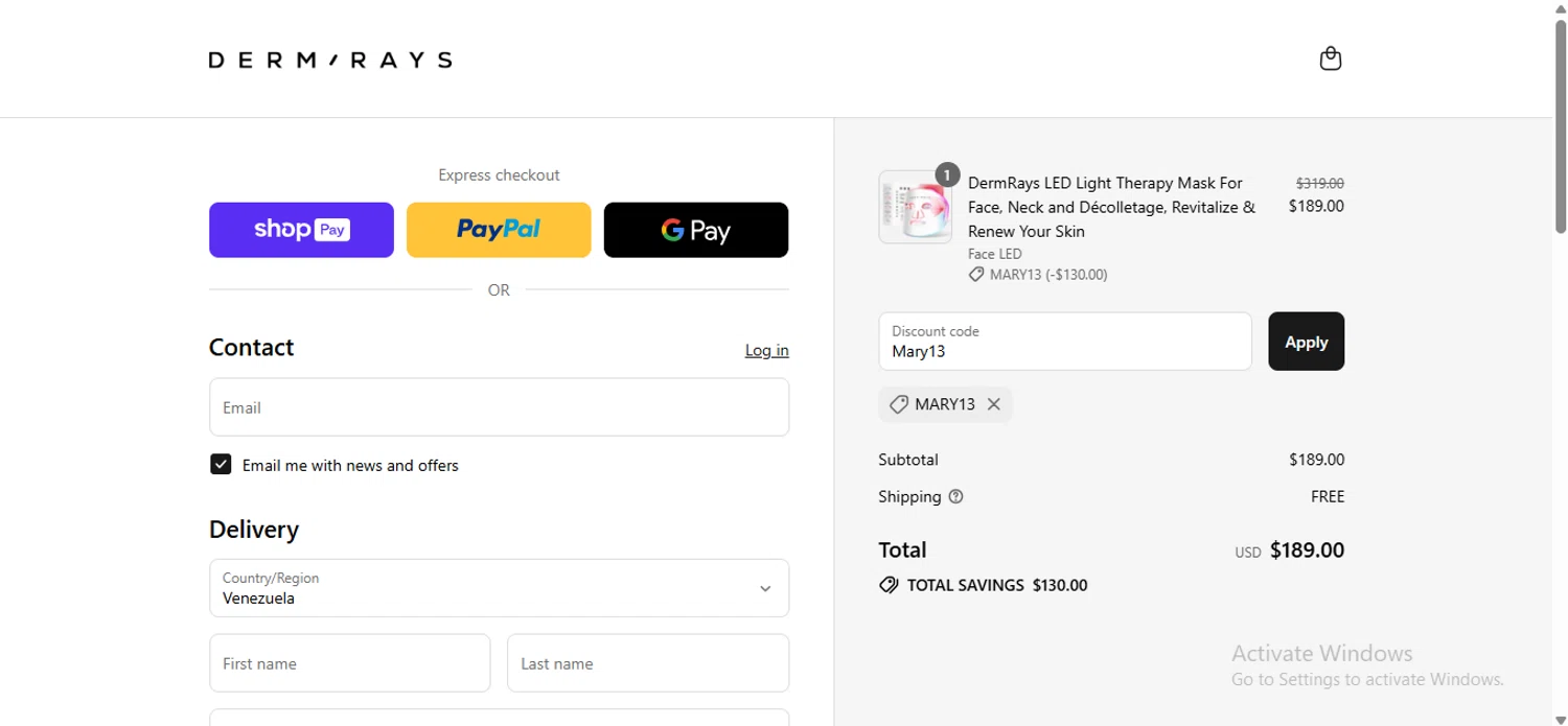 DermRays discount code screenshot showing code Mary13 applied at DermRays checkout page. Uploaded by SimplyCodes community member anosesmith on Jul 28, 2025