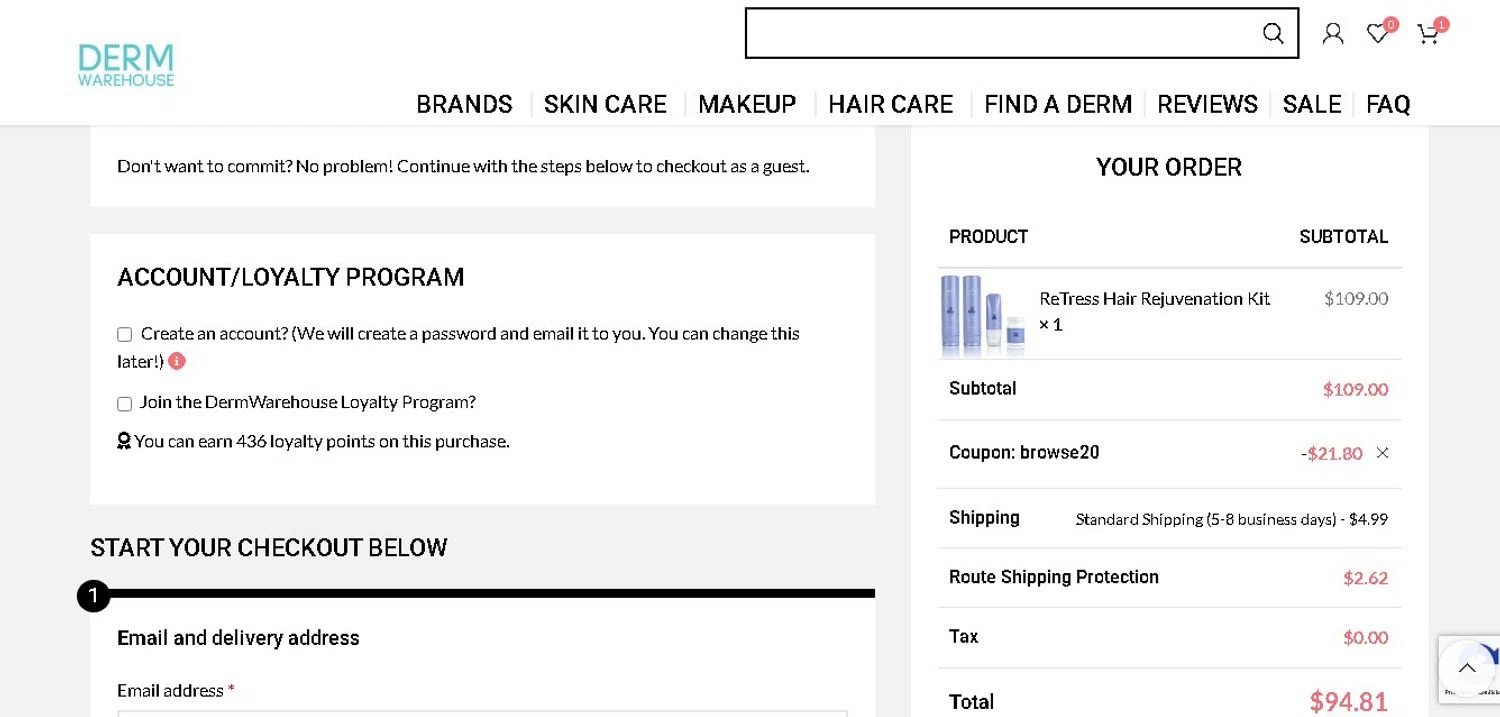 DermWarehouse promo code screenshot showing code BROWSE20 applied at DermWarehouse checkout page. Uploaded by SimplyCodes community member Elcompa on May 17, 2025
