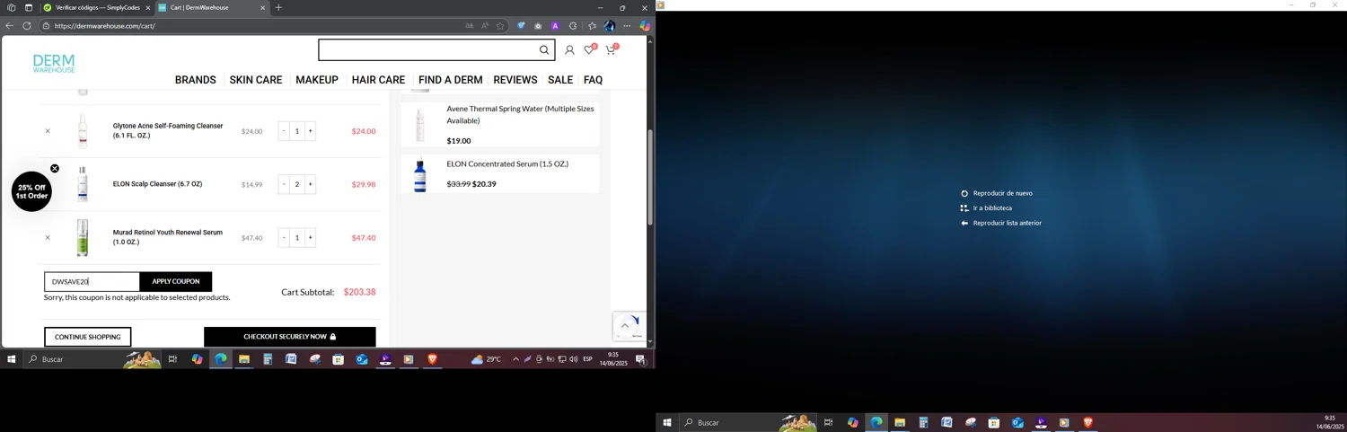 DermWarehouse promo code screenshot showing code DWSAVE20 applied at DermWarehouse checkout page. Uploaded by SimplyCodes community member Tazbravo on Jun 14, 2025