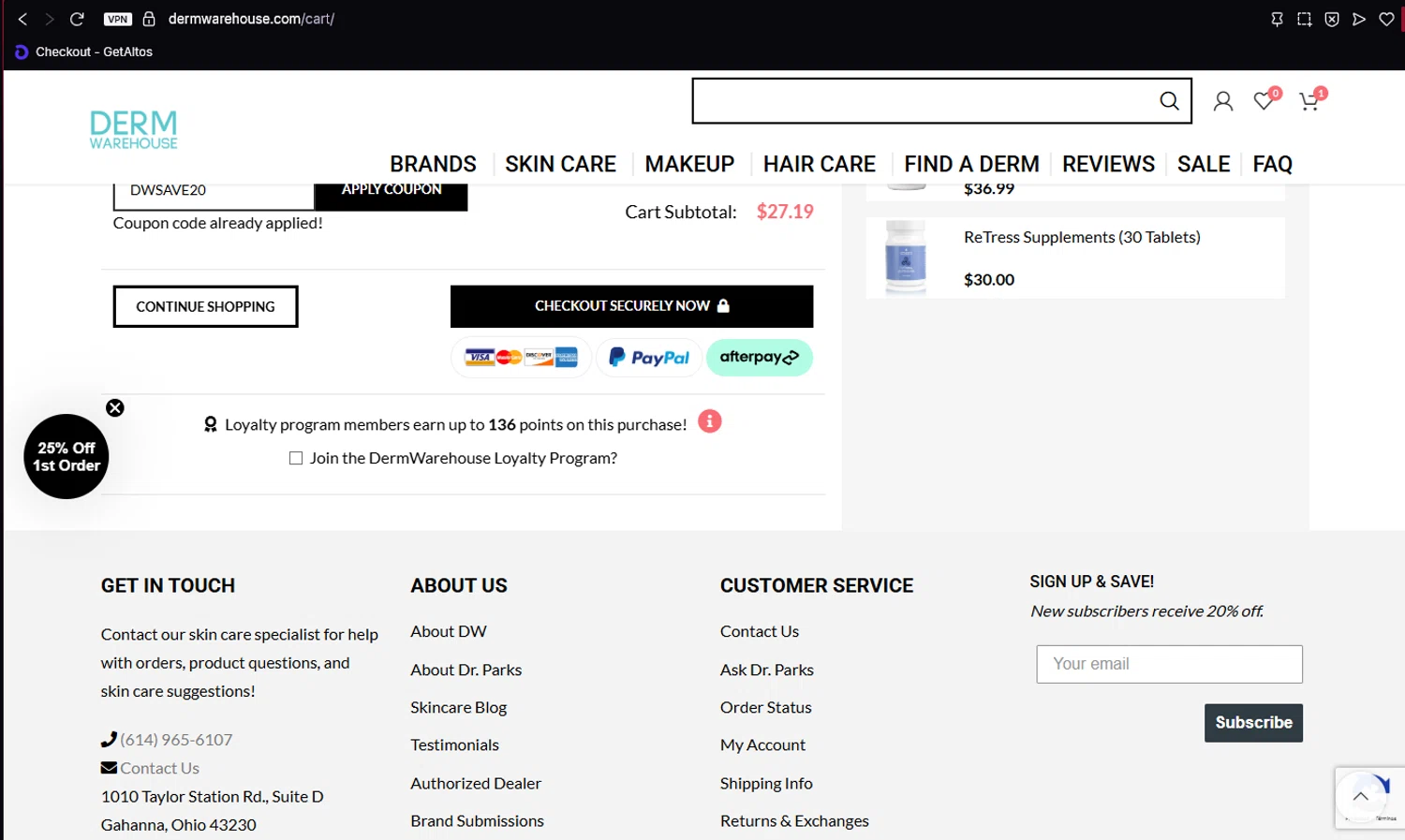 DermWarehouse promo code screenshot showing code DWSAVE20 applied at DermWarehouse checkout page. Uploaded by SimplyCodes community member VictorYanez on Jun 14, 2025