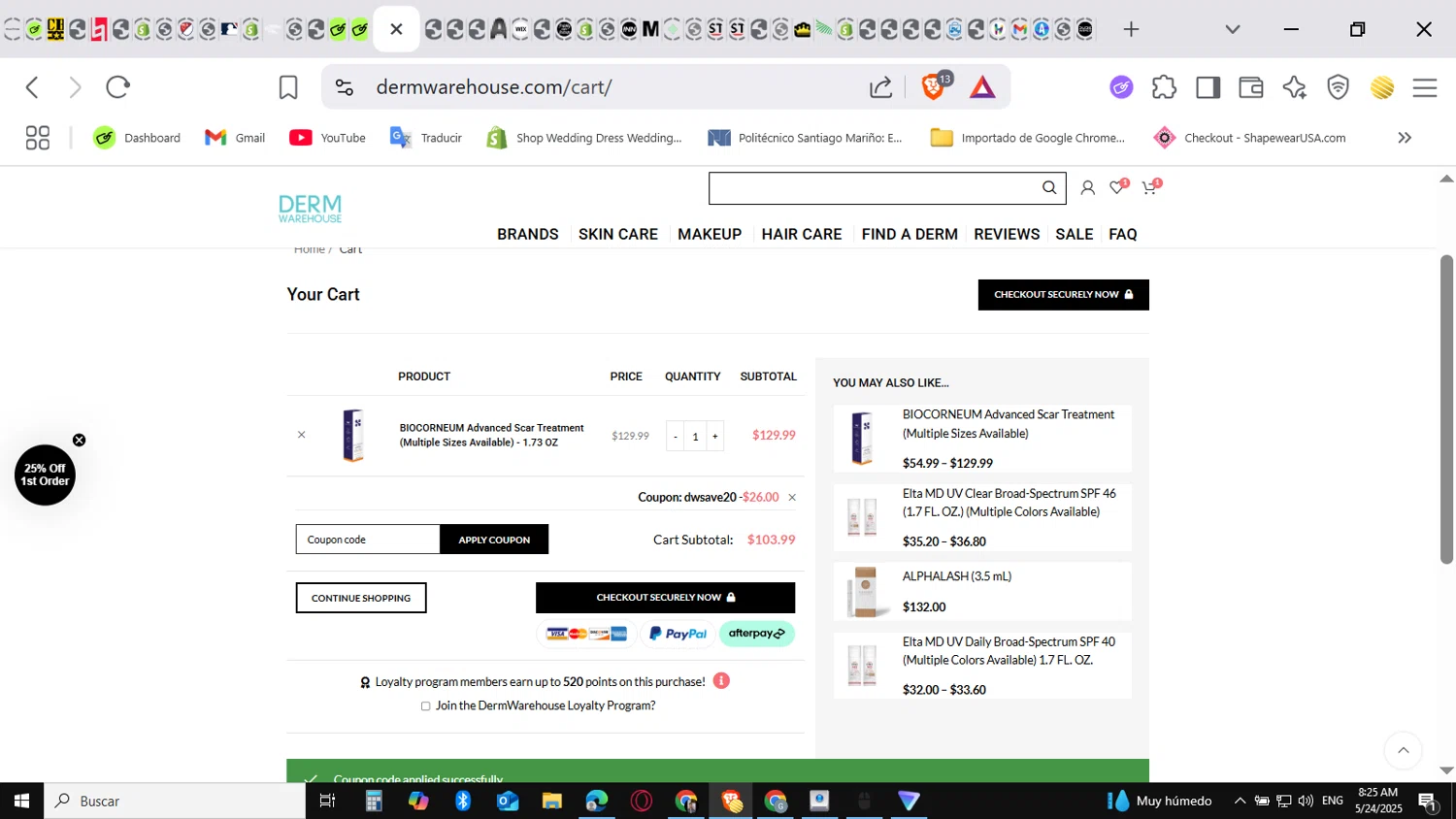 DermWarehouse promo code screenshot showing code DWSAVE20 applied at DermWarehouse checkout page. Uploaded by SimplyCodes community member conorgrey on May 24, 2025