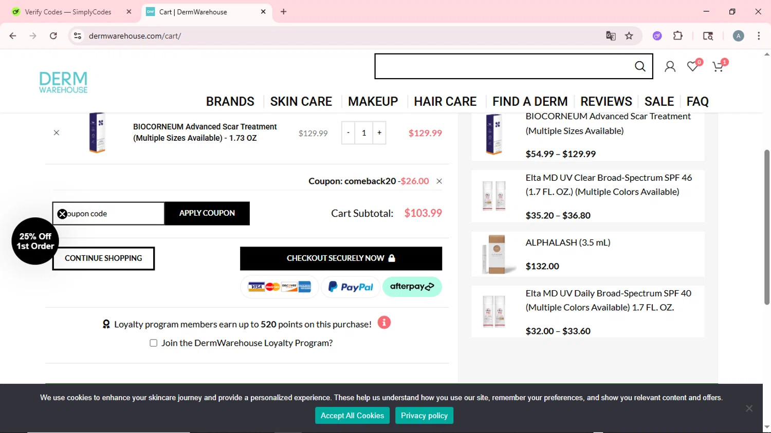 DermWarehouse promo code screenshot showing code COMEBACK20 applied at DermWarehouse checkout page. Uploaded by SimplyCodes community member CrownSpotter6947 on May 24, 2025