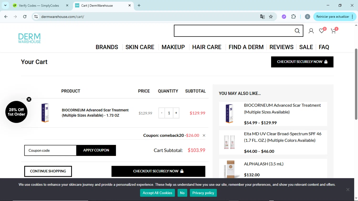 DermWarehouse promo code screenshot showing code COMEBACK20 applied at DermWarehouse checkout page. Uploaded by SimplyCodes community member EpicScholar6418 on Jun 14, 2025