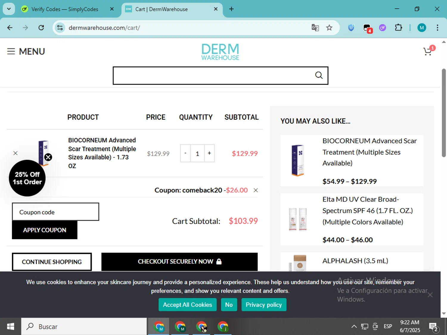 DermWarehouse promo code screenshot showing code COMEBACK20 applied at DermWarehouse checkout page. Uploaded by SimplyCodes community member estrellaveloz on Jun 7, 2025