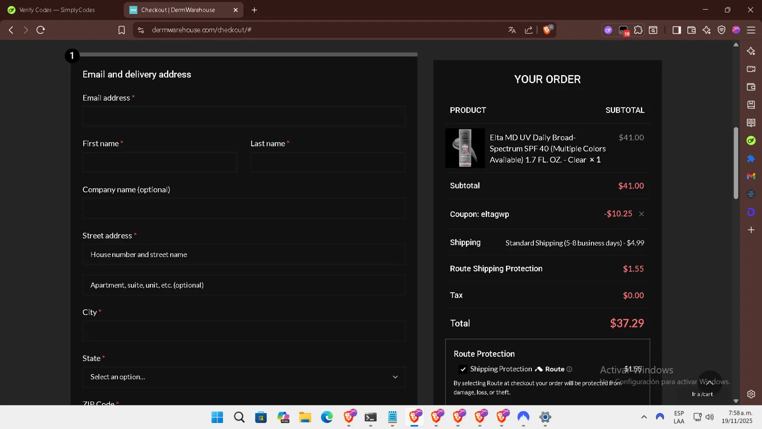 DermWarehouse promo code screenshot showing code eltagwp applied at DermWarehouse checkout page. Uploaded by SimplyCodes community member ELHIJOEMILA on Nov 19, 2025
