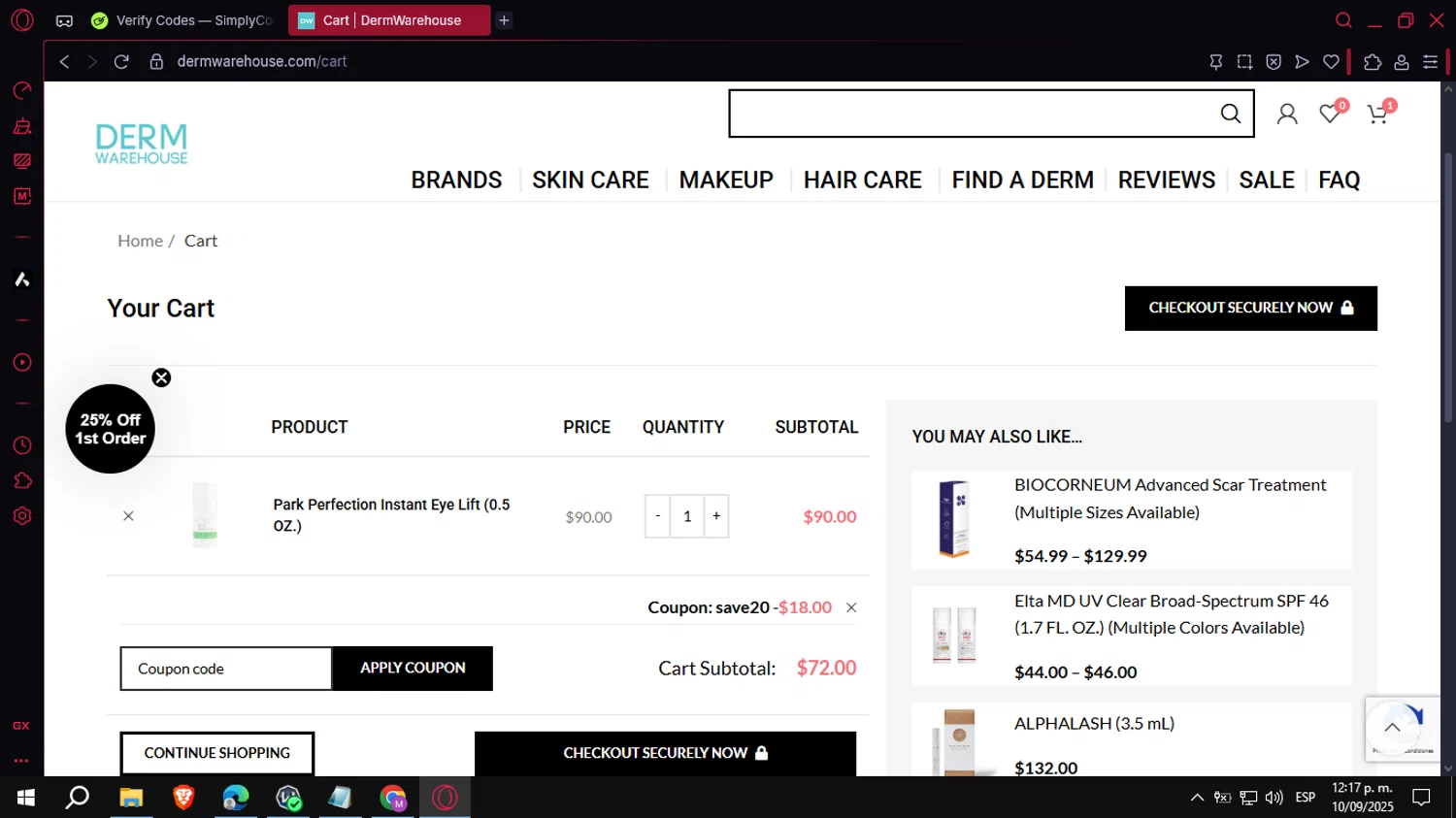 DermWarehouse checkout page showing DermWarehouse promo code box | Screenshot taken by SimplyCodes community member on Sep 10, 2025