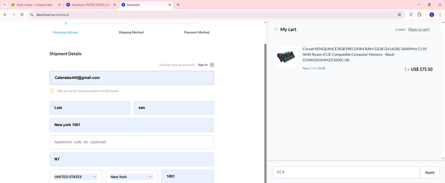 Desertcart promo code screenshot showing code DC4 applied at Desertcart checkout page. Uploaded by SimplyCodes community member EnmanuelEDITOR on May 20, 2025