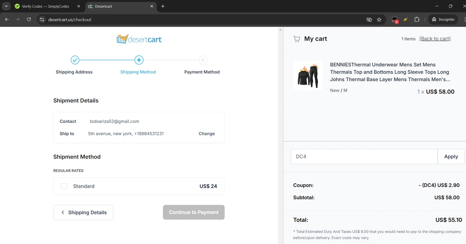 Desertcart checkout page showing Desertcart promo code box | Screenshot taken by SimplyCodes community member on Dec 1, 2024