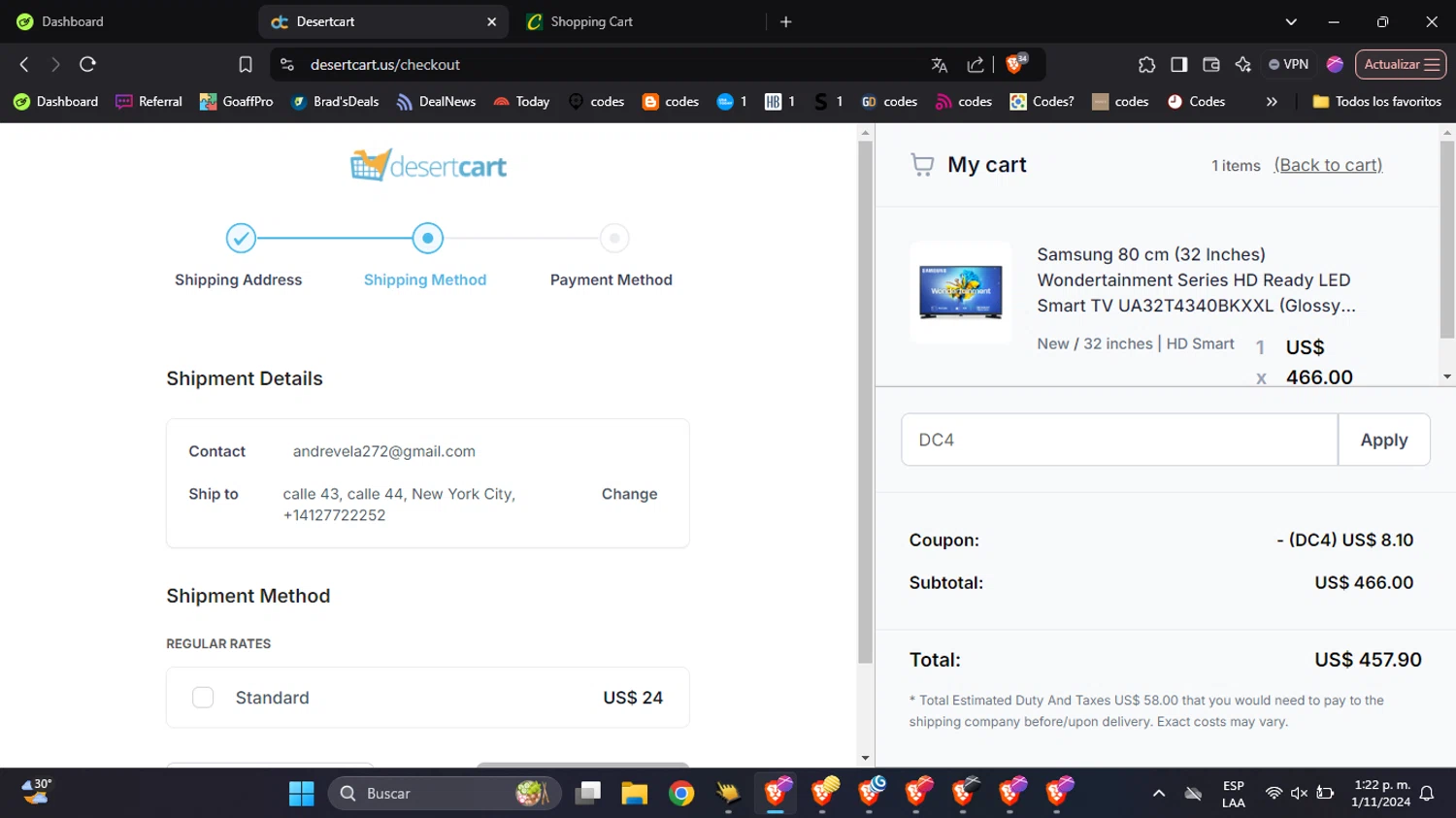 Desertcart checkout page showing Desertcart promo code box | Screenshot taken by SimplyCodes community member on Nov 1, 2024