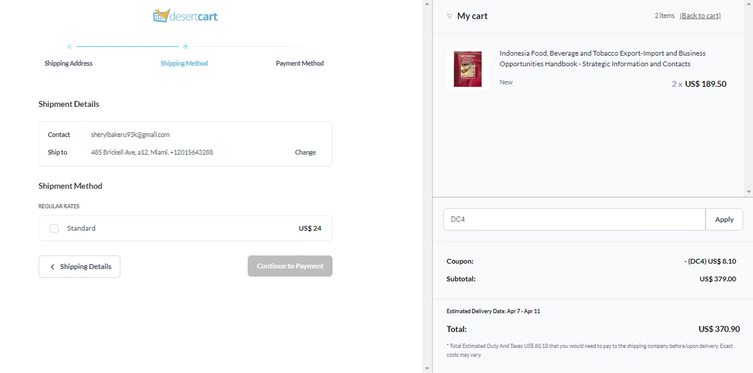 Desertcart checkout page showing Desertcart promo code box | Screenshot taken by SimplyCodes community member on Apr 1, 2025